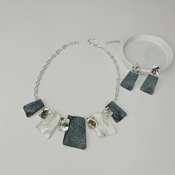 Necklace and Ear Set, 16" - 18", Silver Tone, Slate Grey Tone, Geometric - Picture 3 of 8